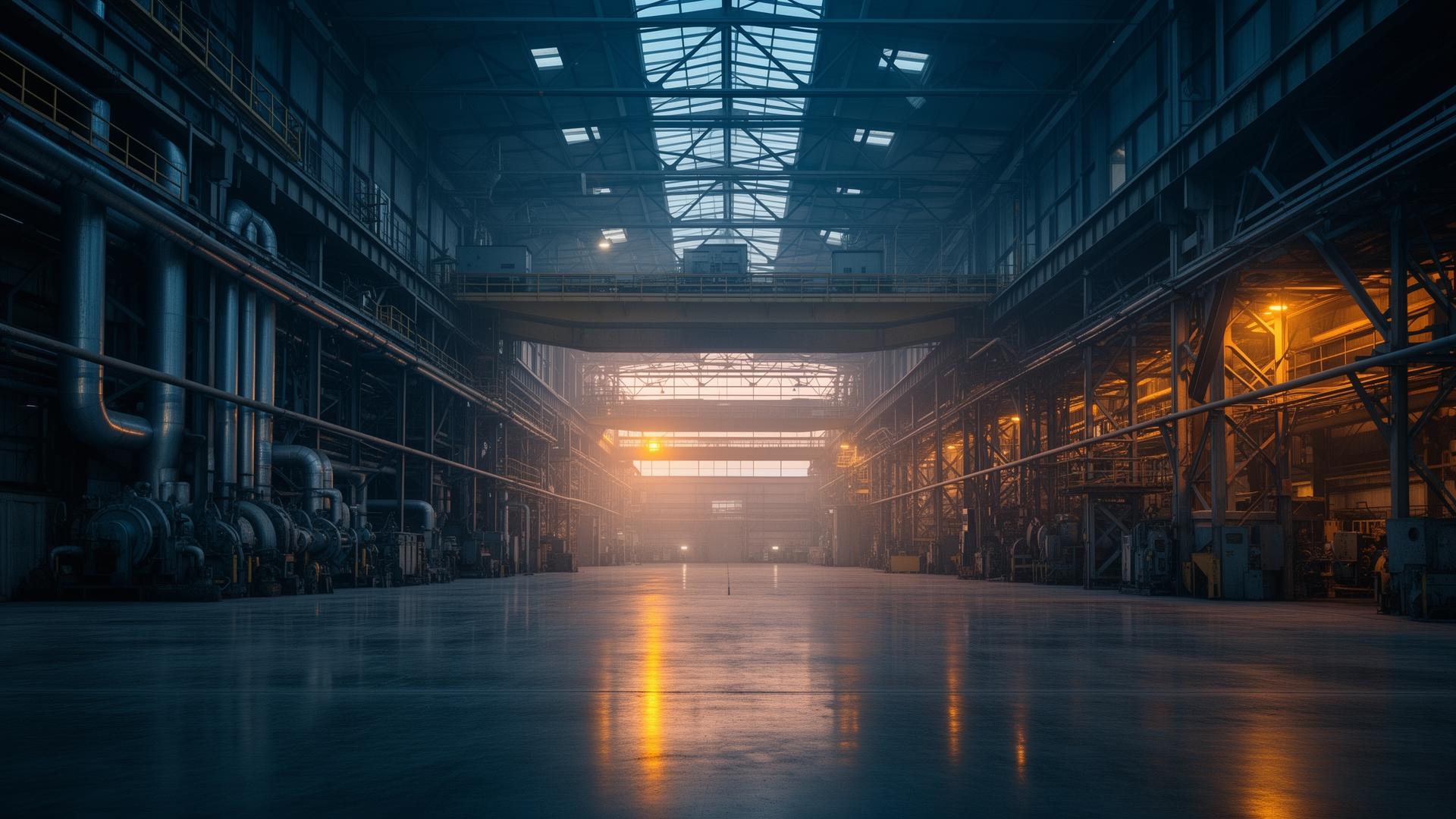 Industrial facility interior at dusk